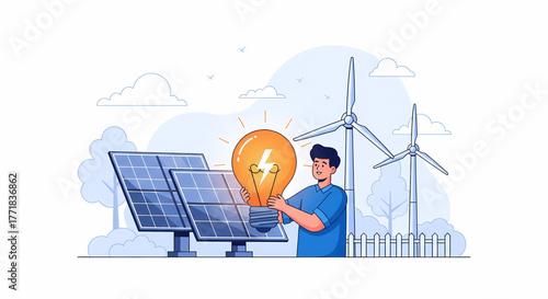 Young man championing clean energy solutions, illustrating the bright future of renewable power with solar panels and wind turbines, symbolizing innovation for a sustainable planet