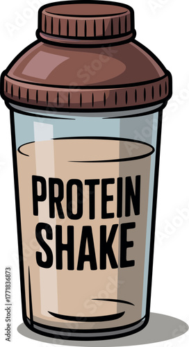 A brown and clear plastic protein shake bottle is filled with a light brown liquid and has the words PROTEIN SHAKE written on it.