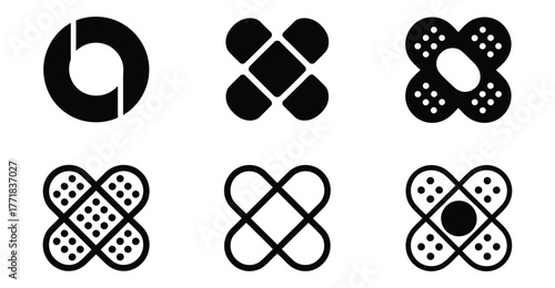 Bandage icons set – stylized cross-shaped plasters and medical symbols for healthcare, first aid, treatment, injury, and wound care themesPrint 