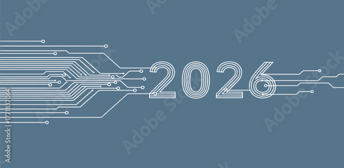 Futuristic 2026 technology concept banner showing digital innovation and electronic circuit board design