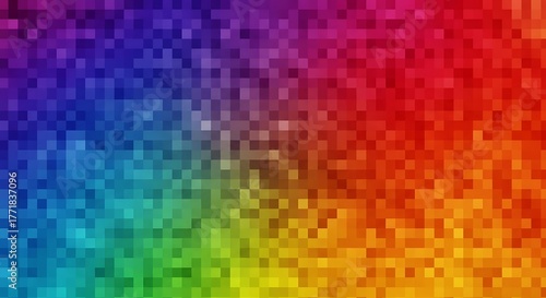 An abstract background featuring a vibrant rainbow color gradient composed of small square pixels.