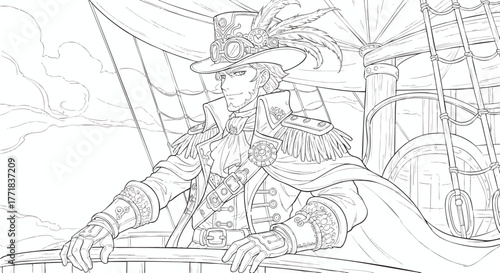 A steampunk captain in an elaborate costume with a feathered hat and goggles stands on the deck of a vintage sailing ship, vector line art for a coloring book page