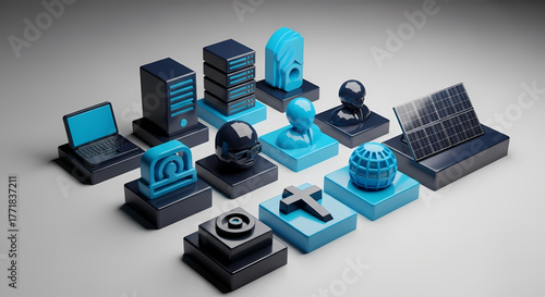 A comprehensive 3D render showcasing a diverse grid of symbolic icons representing modern technology, data, global communication, human elements, and sustainable energy concepts
