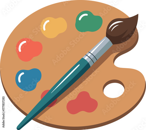 An artist's palette with colorful paints and a brush is ready for creativity.