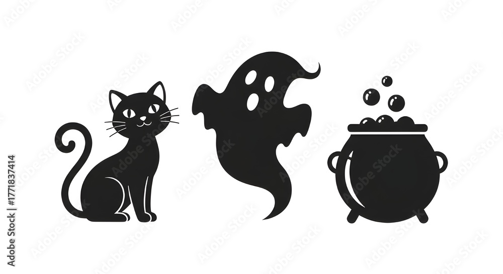 Obraz premium Playful Halloween Silhouette Set — Cat, Ghost, and Cauldron in Cute Minimal Flat Style