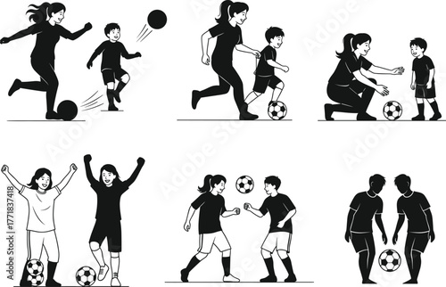 Soccer silhouettes of children and adults, black and white illustration, teamwork, training, playful interaction, sports bonding, family activity, motion