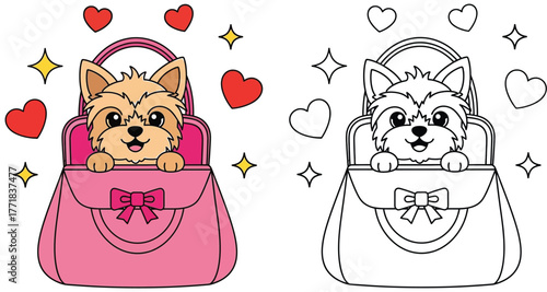 Adorable Yorkshire Terrier Puppy in Pink Handbag Vector. Coloring Page Included. Cute Yorkie Dog Character Design for Fashion and Pet Themes.
