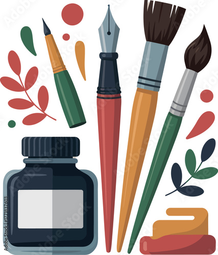 A collection of art supplies including paintbrushes, an ink bottle, and pens are artfully arranged.