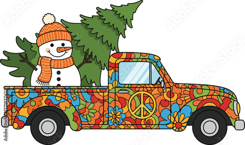 Retro hippie truck carrying a Christmas tree and a snowman, symbolizing holiday cheer and peace