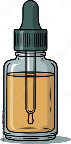 Amber liquid dropper bottle with dark cap holds cosmetic serum or essential oil for topical application on white background.