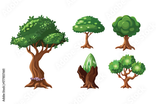 Animated Trees Illustration: Set of cartoonish trees, each designed with unique features like lush green foliage, sturdy brown trunk, set of trees ready for animation and design.