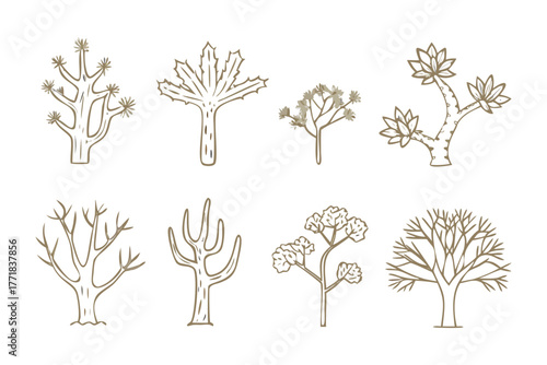 Desert botanical: An intricate collection of stylized desert botanical illustrations, each depicting unique forms of nature's adaptation and survival in arid landscapes.
