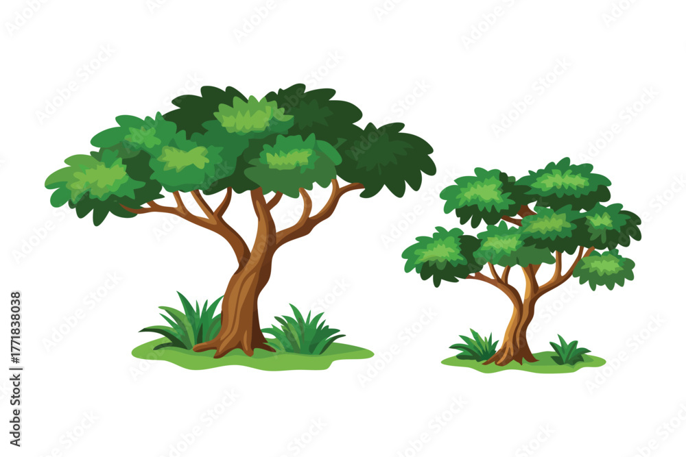 Obraz premium Two Trees in Nature's Embrace: An illustrative portrayal of two vibrant trees, showcasing nature's beauty and the harmonious coexistence of life.
