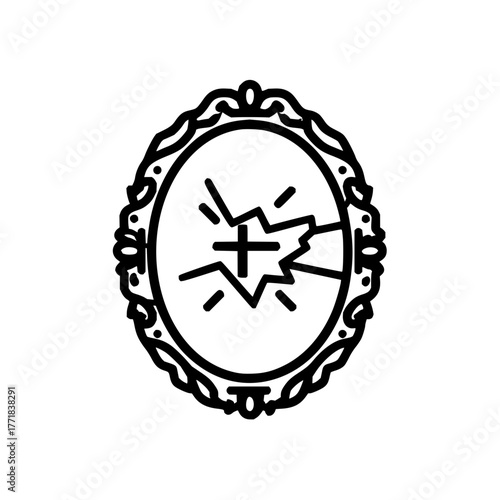 Broken mirror vector illustration antique frame cracked glass shattered reflection bad luck superstition 100