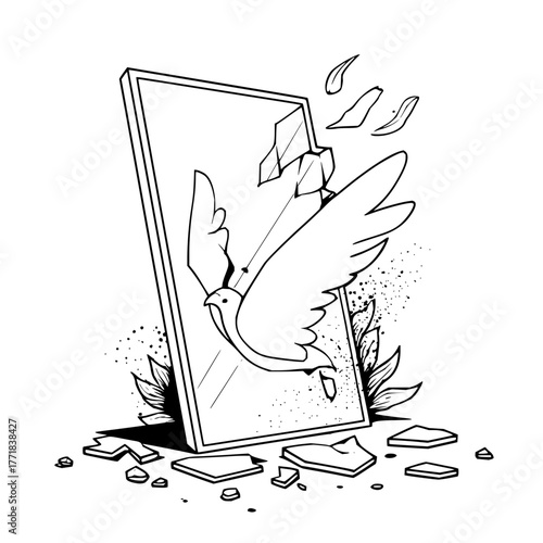 Dove flying through shattered mirror illustration peace freedom concept art black and white line drawing