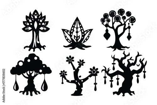 Silhouetted Tree Collection: An artistic compilation of meticulously crafted tree silhouettes, each with unique and intricate designs.
