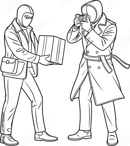 A shadowy figure holding a package is photographed by a spy in a trench coat.