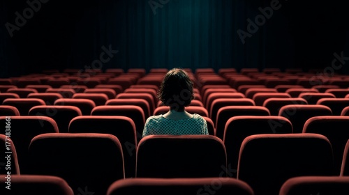 Empty movie theater, one woman sits alone, back to camera, quiet solitude in dim cinematic glow.