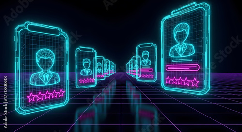 Dynamic digital profiles displayed on futuristic wireframe smartphones, illustrating online user selection, social networking, and data management in a vibrant neon technological environment