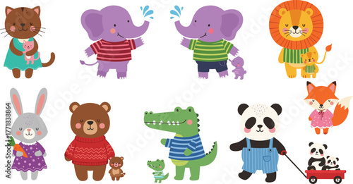 Cartoon animal families, parent and child, colorful outfits, cute characters, educational art, children’s design, isolated, playful, friendly, fun