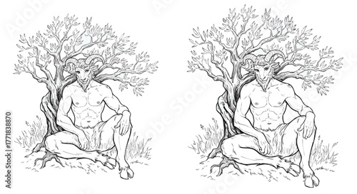 Black and white line art illustration of a mythical faun or satyr with horns resting under a tree, in a classic engraving style