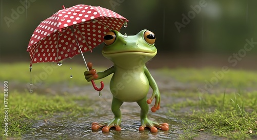 A charming cartoon frog stands in the rain, holding a red and white polka-dot umbrella.