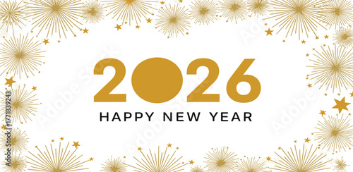 Happy New Year 2026 celebration with golden sparkling fireworks and festive border design