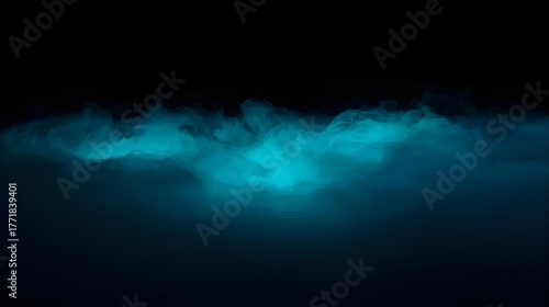 A dramatic horizontal layer of glowing, swirling turquoise and cyan smoke or fog on a solid black background, creating an atmospheric, abstract horizon line with a futuristic and mysterious mood.
