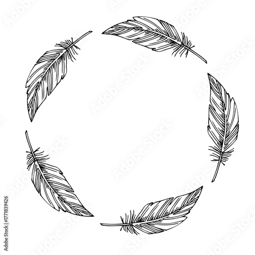 Wreath of feathers. Vector ink styled handmade illustration. For packaging design, cards, cover, prints, product labels and fabric.