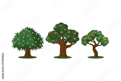 Orchard Symphony: A trio of thriving trees, each a unique testament to nature's artistry, stands proudly, their vibrant foliage a symbol of growth and the promise of a bountiful harvest.