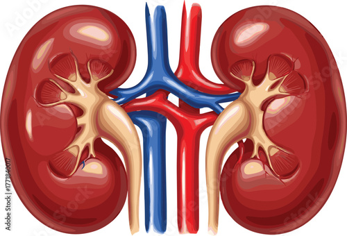 Human kidney anatomy, renal system illustration, blood vessels, renal artery, renal vein, diagram, healthcare, biology, education, internal organs, urinary system, nephrology, anatomy reference