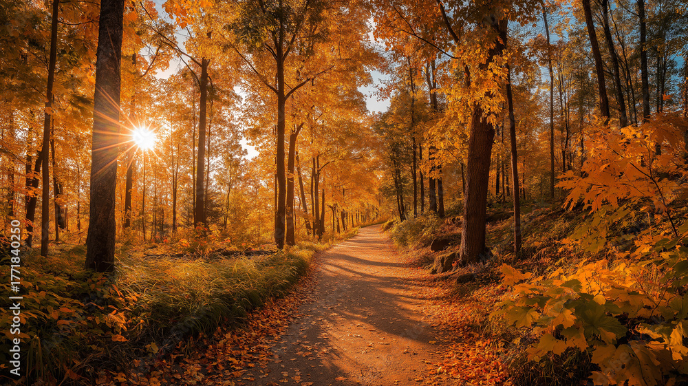 Obraz premium Sunlit path in a park before sunset