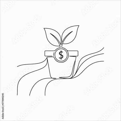 Hand drawn illustration of a plant growing from a pot with a dollar coin, , representing investment, growth, and financial success
