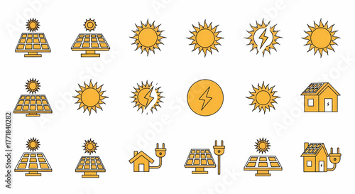 Comprehensive collection of vibrant line-filled icons representing sustainable solar energy solutions, sun power generation, and eco-friendly electricity for homes and businesses
