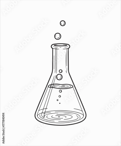 A detailed sketch of a laboratory flask with liquid and bubbles, representing science, chemistry, and experimentation