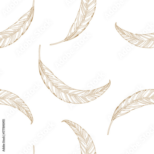 Seamless pattern of feathers in a beige color. Vector ink styled handmade illustration. For packaging design, cards, cover, prints, product labels and fabric.