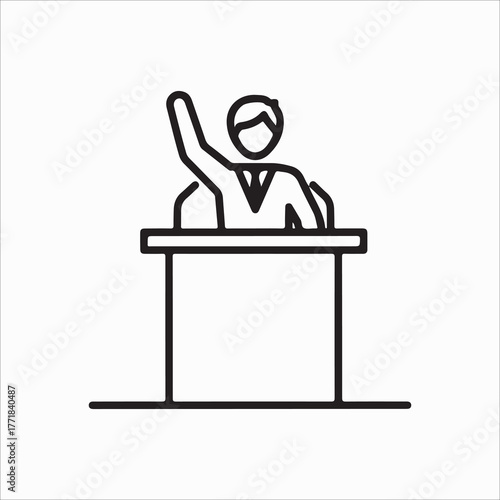 Line art illustration of a person at a podium raising their hand icon of a speaker, presenter, or participant asking a question