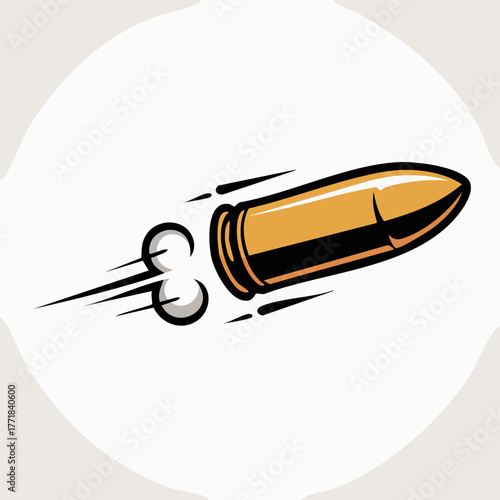 Vector illustration of a fired bullet flying through the air with motion blur and speed trails, representing high velocity and impact, realistic colorful style