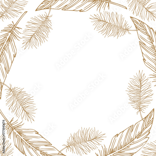 Beige square frame of feathers and fluff. Vector ink styled handmade illustration. For packaging design, cards, cover, prints, product labels and fabric.