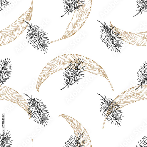 Seamless pattern of fluff and feathers. Vector ink styled handmade illustration. For packaging design, cards, cover, prints, product labels and fabric.