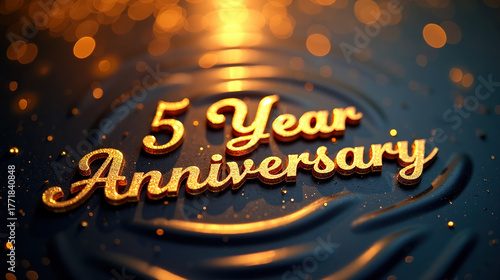 5 year anniversary golden text with elegant bokeh background
