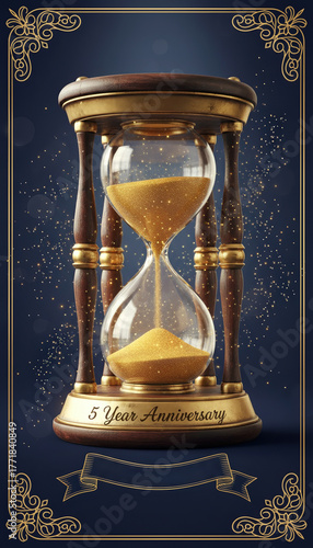 5 year anniversary hourglass with golden sand and ornate frame