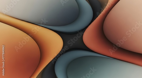 Abstract curves in orange, blue, and peach tones converge in the center.
