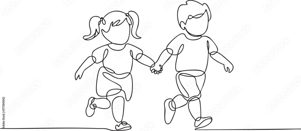 Naklejka premium Continuous single line drawing of toddler girl and boy running hand in hand, childhood friendship and happiness concept illustration