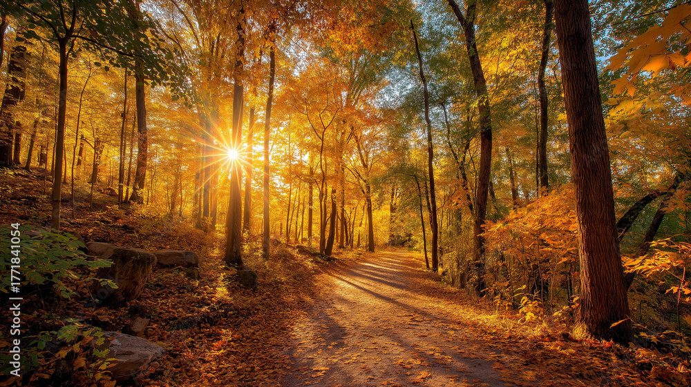 Fototapeta premium Sunlit path in a park before sunset