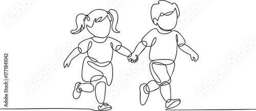 Continuous single line drawing of toddler girl and boy running hand in hand, childhood friendship and happiness concept illustration