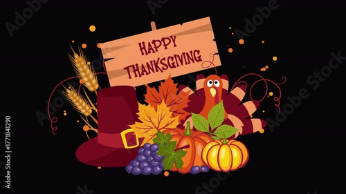 Happy Thanksgiving animation with turkey, pumpkins and autumn leaves on alpha