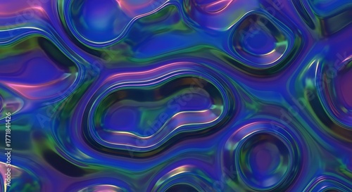 Abstract iridescent liquid surface with swirling patterns and vibrant colors, creating a mesmerizing visual effect.