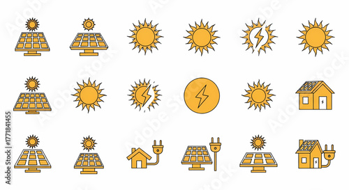 Comprehensive collection of vibrant solar energy icons illustrating renewable power generation, the sun's powerful force, and sustainable electricity solutions for eco-conscious homes
