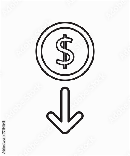 Dollar coin with downward arrow, symbolizing financial loss, economic downturn, or decrease in value